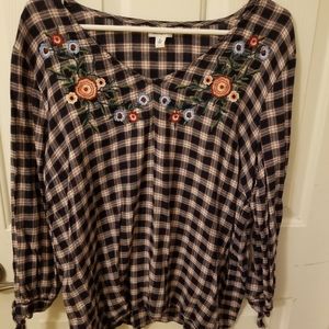Dress Barn Plaid Embroidered Floral Blouse XL